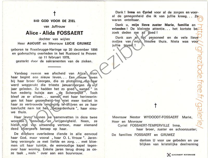 Alice Alida FOSSAERT dochter van August FOSSAERT en Lucie GRUWEZ, overleden te Proven, den 11 February 1978 (79 jaar).